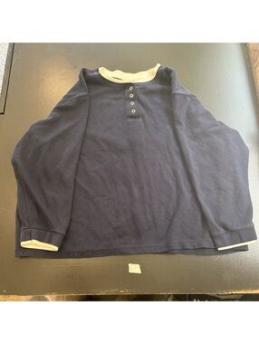 Fashion Bug Navy Blue Long Sleeve Henley Shirt with Cream Trim Size 26/28W